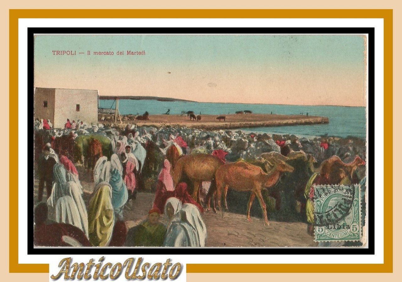 Cartolina Tripoli Il mercato del martedì 1916 Libia Vintage Colonialismo …