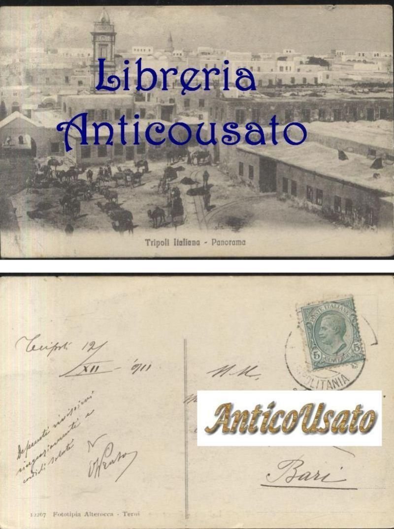 CARTOLINA TRIPOLI ITALIANA PANORAMA - viaggiata Libia originale 1911 animata