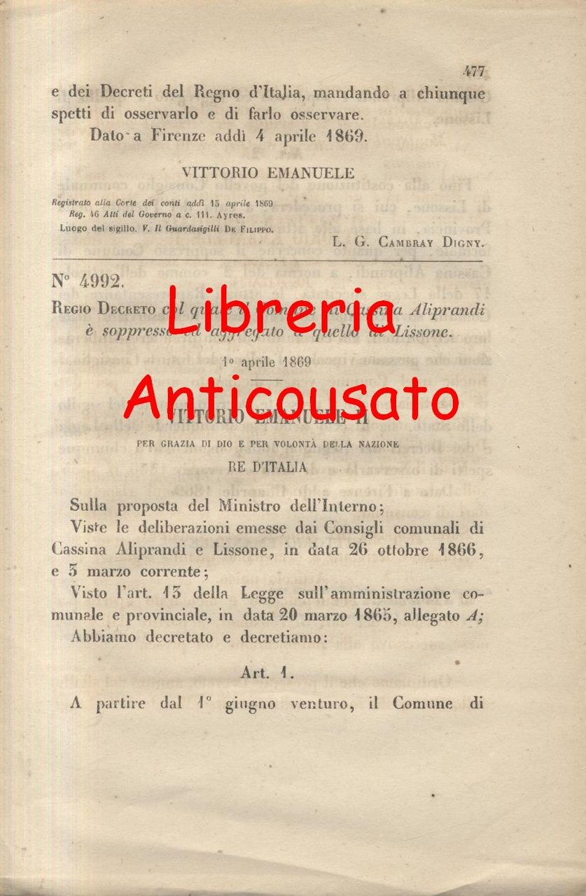 CASSINA ALIPRANDI SOPPRESSO Regio Decreto 1869 LISSONE originale d'epoca antico