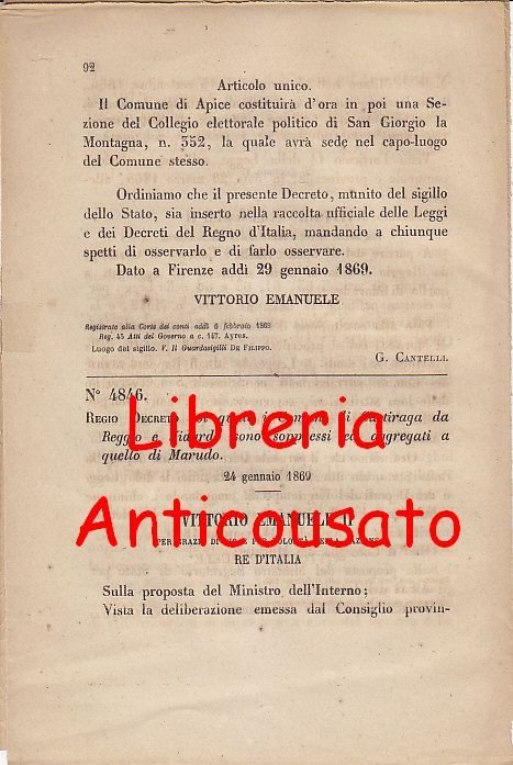 CASTIRAGA DA REGGIO E VIDARDO SOPPRESSI - REGIO DECRETO 1869 …