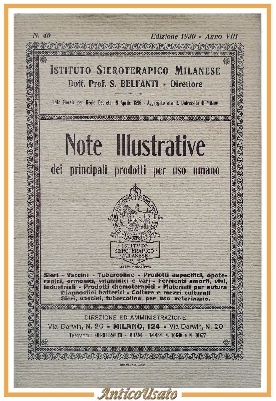Catalogo 1930 istituto sieroterapico NOTE ILLUSTRATIVE PRINCIPALI PRODOTTI umano