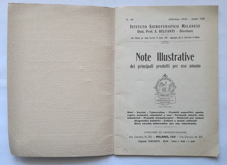 Catalogo 1930 istituto sieroterapico NOTE ILLUSTRATIVE PRINCIPALI PRODOTTI umano