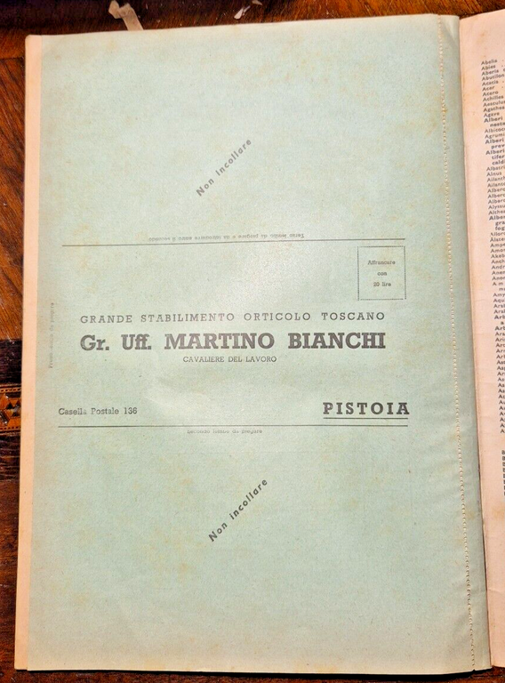CATALOGO DITTA MARTINO BIANCHI Numero 97 Ottobre 1950 Pistoia orticolo …