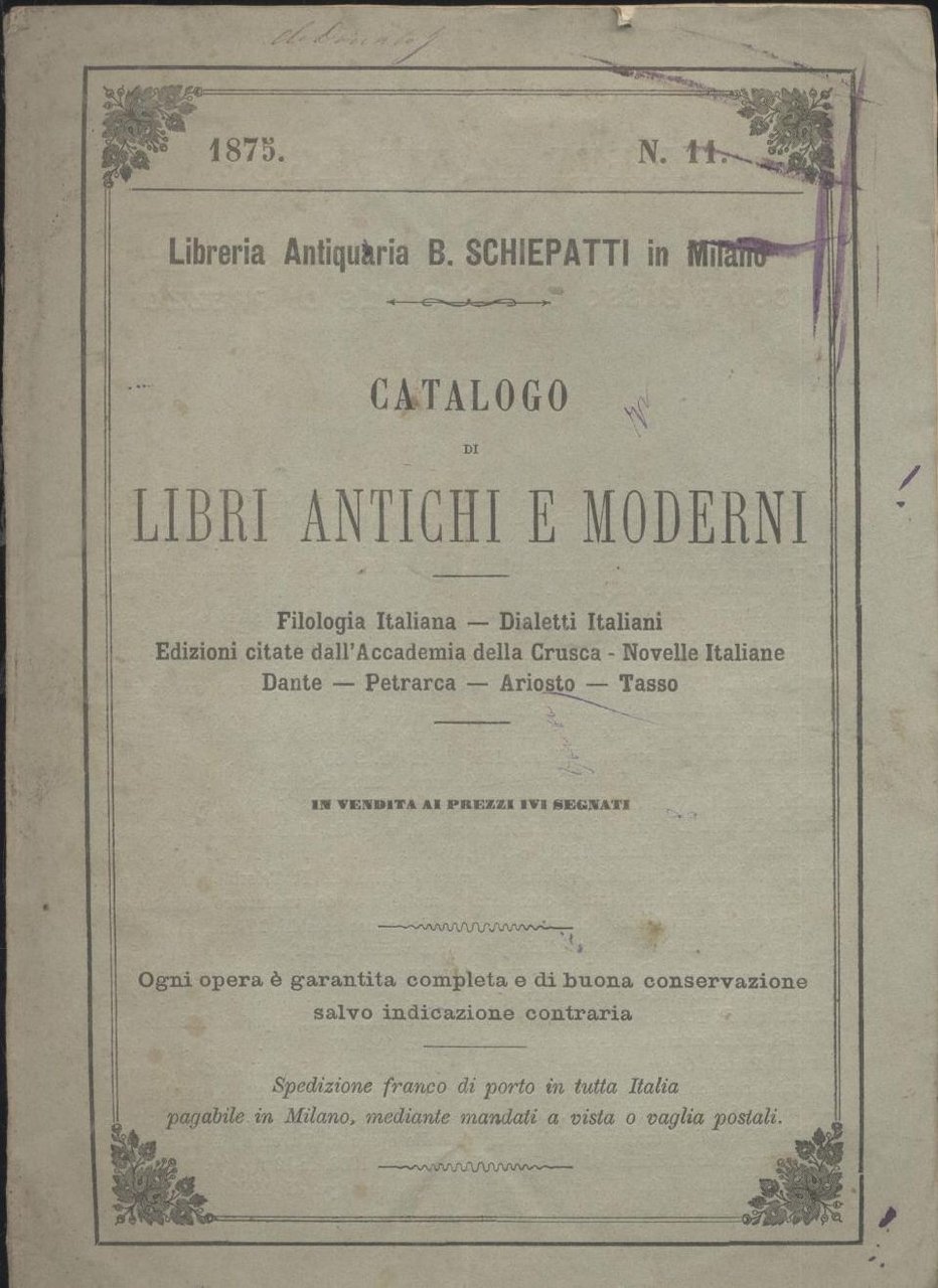 CATALOGO LIBRI ANTICHI MODERNI libreria antiquaria Schiepatti 1875 Milano