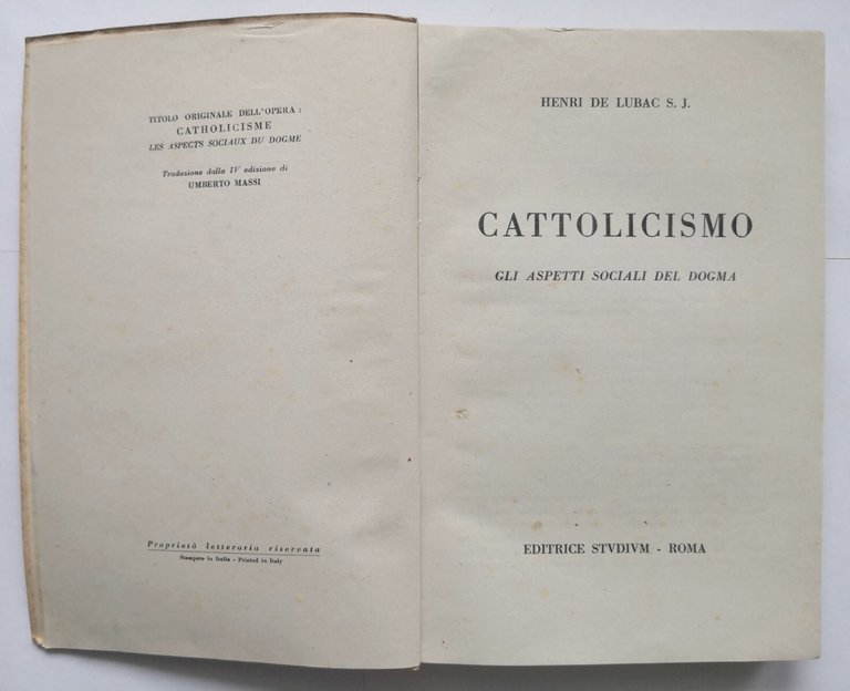 CATTOLICISMO di Henri De Lubac 1948 Editrice Studium Libro aspetti …