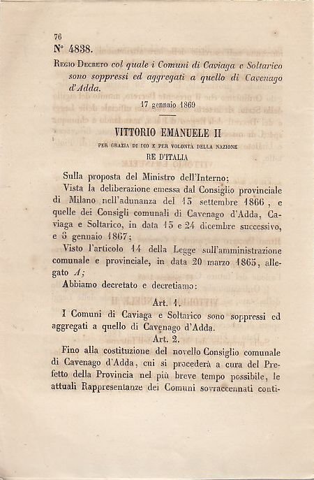 CAVIAGA SOLTARICO SOPPRESSI Regio Decreto 1869 CAVENAGO D'ADDA originale d'epoca