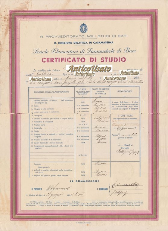 CERTIFICATO DI STUDIO Sammichele di Bari 1936 Originale Vintage Pagella …