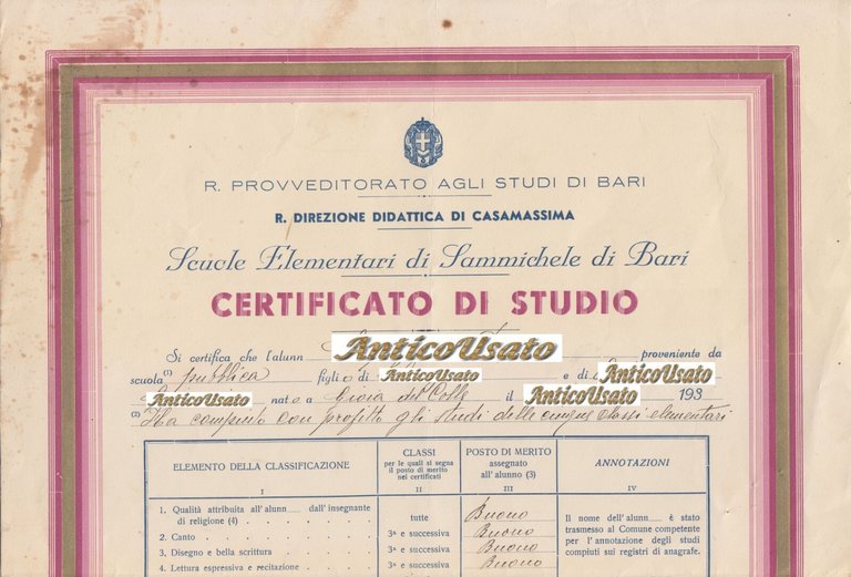 CERTIFICATO DI STUDIO Sammichele di Bari 1936 Originale Vintage Pagella …