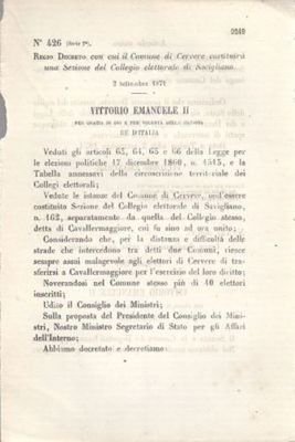 CERVERE COMUNE SAVIGLIANO Regio Decreto 2 settembre 1871 ORIGINALE REGNO …