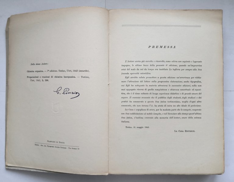 CHIMICA INORGANICA di Giacomo Ponzio 1945 Unione Tipografico Editrice Torinese