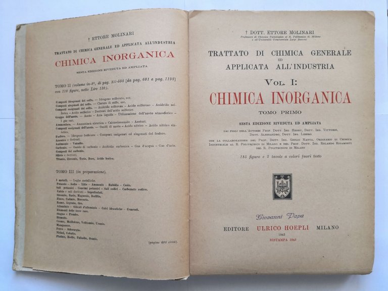 CHIMICA INORGANICA volume 1 tomo 1 di Ettore Molinari I …