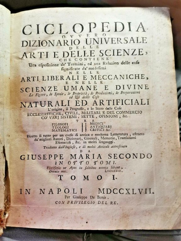 CICLOPEDIA DIZIONARIO UNIVERSALE DELLE ARTI E SCIENZE 1747 9 volumi …