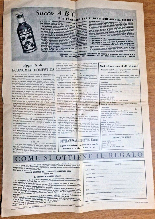 CIRIO REGALA 1950 giornale pubblicità advertising catalogo premi Eco Vintage