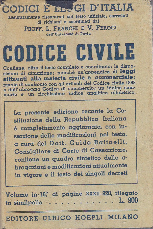 CODICE CIVILE a cura di Franchi Feroci - 1949 Hoepli …