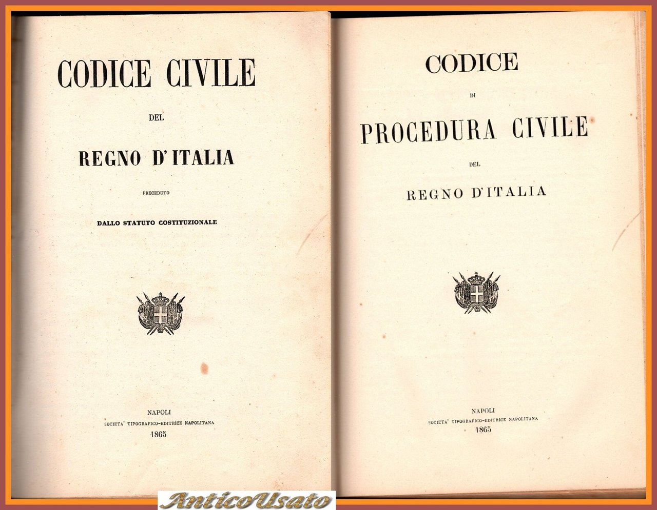 CODICE CIVILE REGNO ITALIA + PROCEDURA 1865 libro antico Statuto …