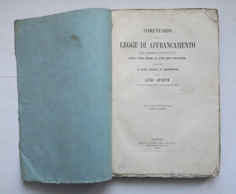 COMENTARIO DELLA LEGGE DI AFFRANCAMENTO Luigi Aponte 1873 libro antico …