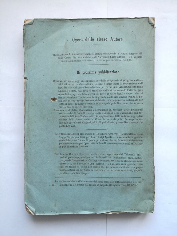 COMENTARIO DELLA LEGGE DI AFFRANCAMENTO Luigi Aponte 1873 libro antico …
