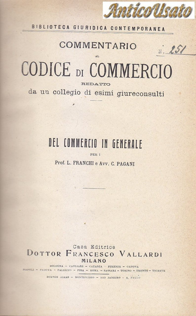 COMMENTARIO AL CODICE DI COMMERCIO 1924 Vallardi 7 VOLUMI su …