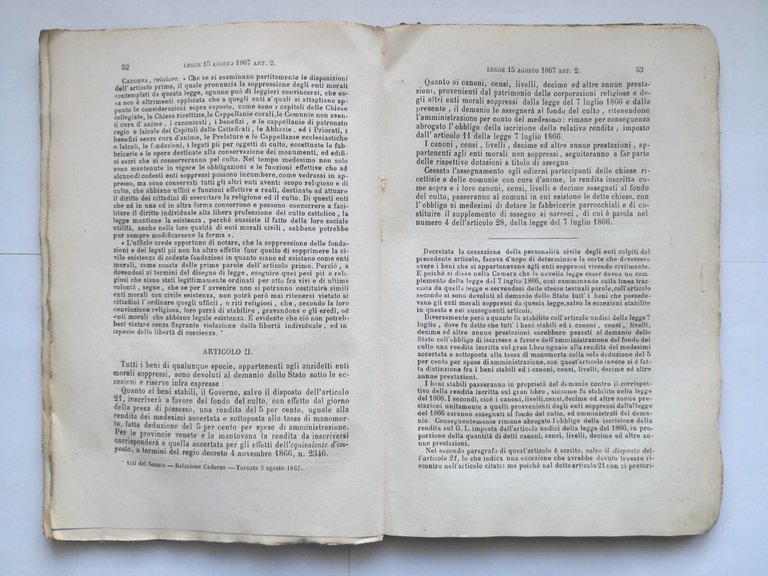 COMMENTARIO SULLA LEGGE DI LIQUIDAZIONE DELL'ASSE ECCLESIASTICO Aponte 1867 Libr