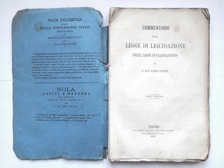 COMMENTARIO SULLA LEGGE DI LIQUIDAZIONE DELL'ASSE ECCLESIASTICO Aponte 1867 Libr