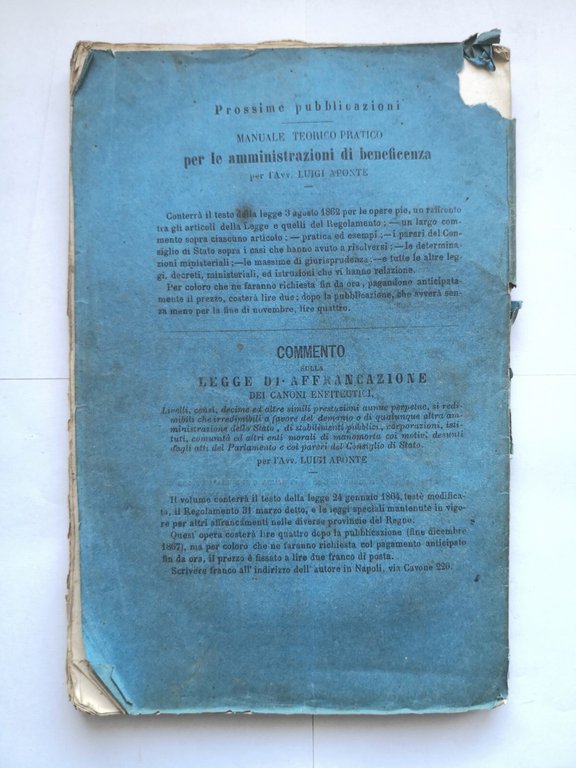 COMMENTARIO SULLA LEGGE DI LIQUIDAZIONE DELL'ASSE ECCLESIASTICO Aponte 1867 Libr