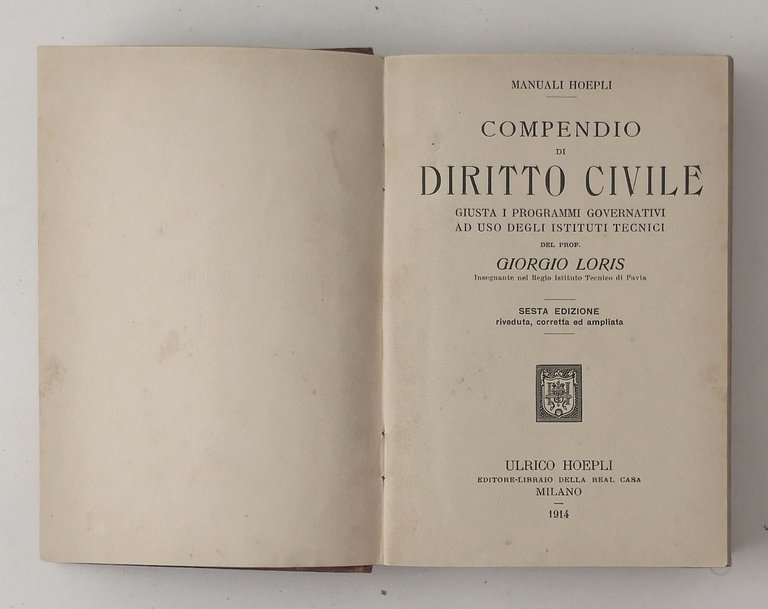 COMPENDIO DI DIRITTO CIVILE di Giorgio Loris 1914 Hoepli manuali …