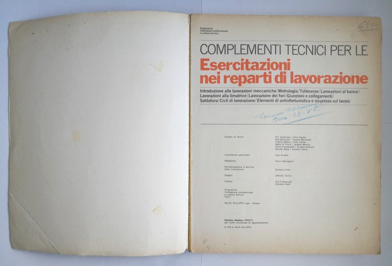COMPLEMENTI TECNICI PER LE ESERCITAZIONI NEI REPARTI DI LAVORAZIONE 1978 …