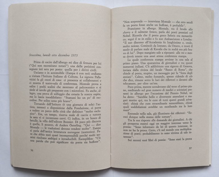 CON MONTALE A STOCCOLMA di Domenico Porzio 1976 Ferro Diario …