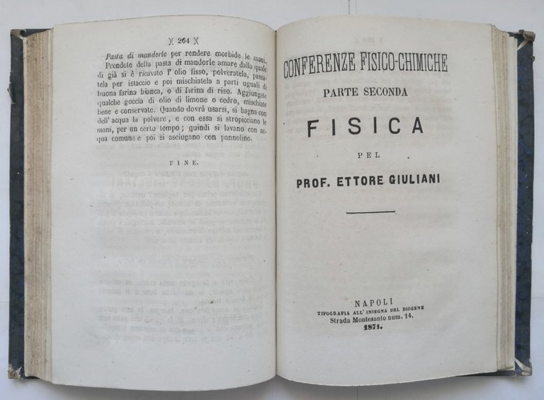 CONFERENZE FISICO CHIMICHE PER L'ISTRUZIONE MULIEBRE 1871 libro antico autografo