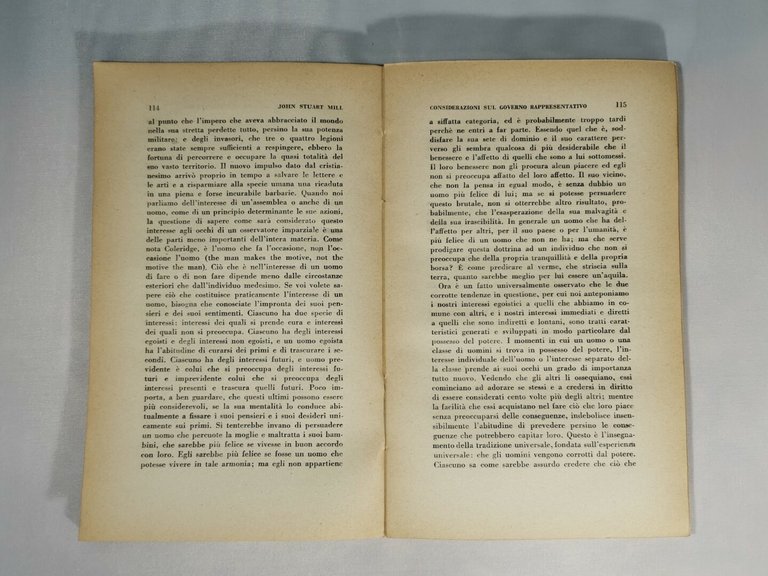 CONSIDERAZIONI SUL GOVERNO RAPPRESENTATIVO di John Stuart Mill 1946 Bompiani
