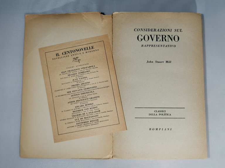 CONSIDERAZIONI SUL GOVERNO RAPPRESENTATIVO di John Stuart Mill 1946 Bompiani