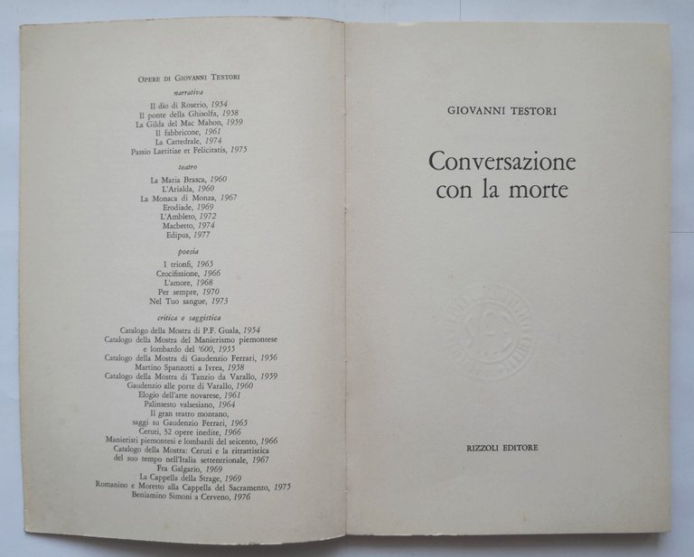 CONVERSAZIONE CON LA MORTE di Giovanni Testori 1978 Rizzoli Libro