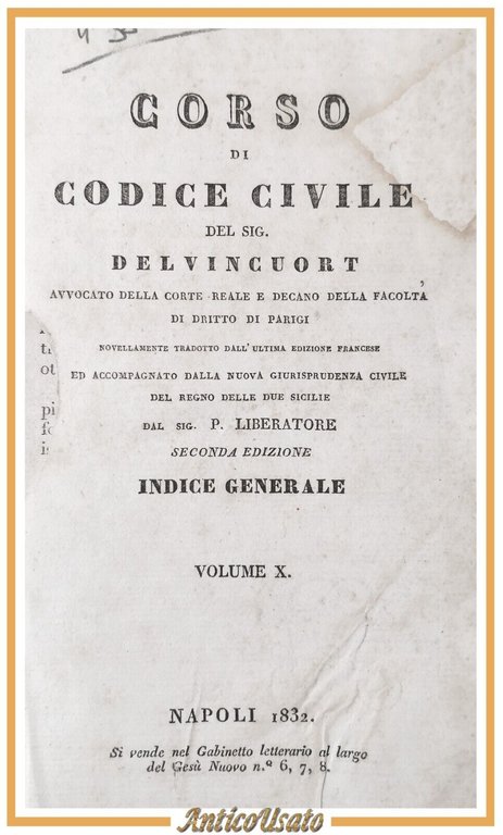 CORSO DI CODICE CIVILE Delvincuort Volume X Indice Generale 1832 … | Immagine Gallery 1