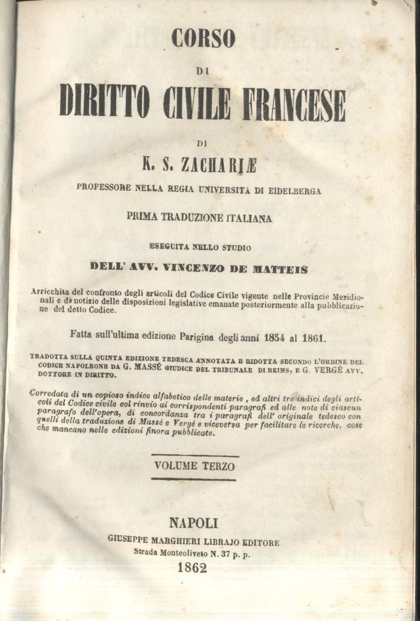 CORSO DI DIRITTO CIVILE FRANCESE Zachariae Volume 3 1862 Marghieri …