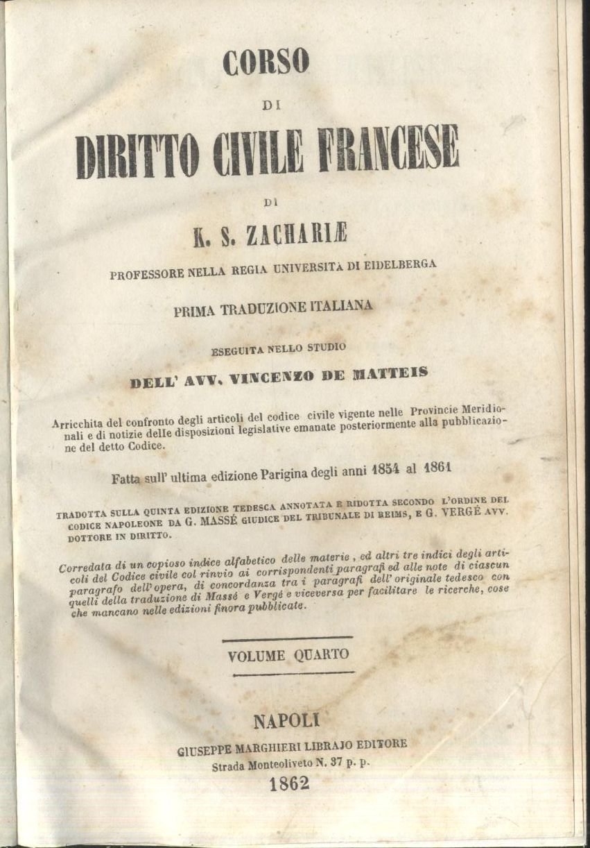 CORSO DI DIRITTO CIVILE FRANCESE Zachariae Volume 4 1862 Marghieri …