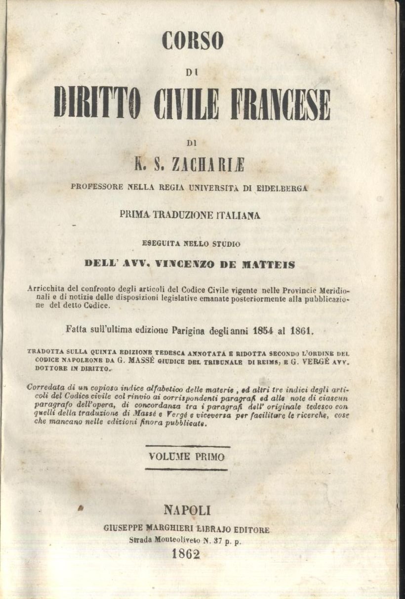 CORSO DI DIRITTO CIVILE FRANCESE Zachariae Volume I 1862 Marghieri …