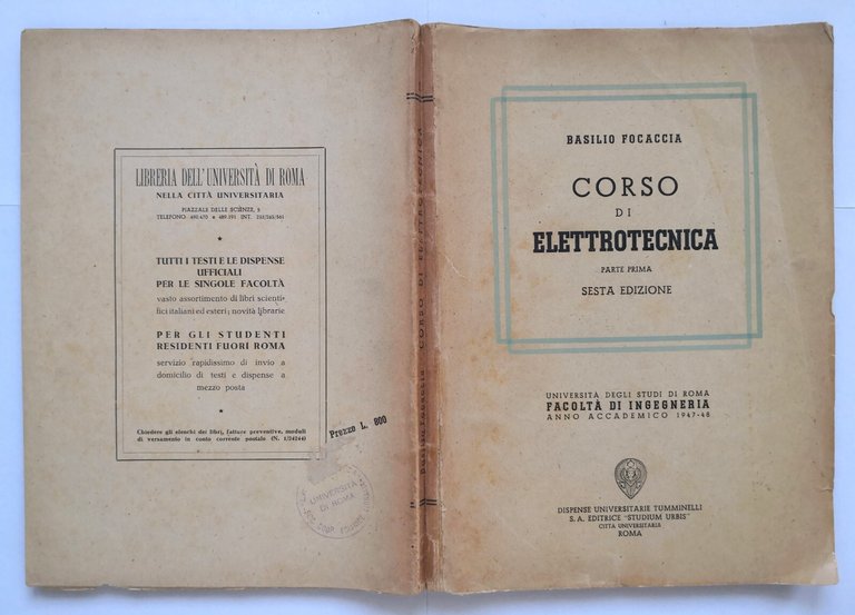 CORSO DI ELETTROTECNICA parte 1 di Basilio Focaccia 1948 Tumminelli …