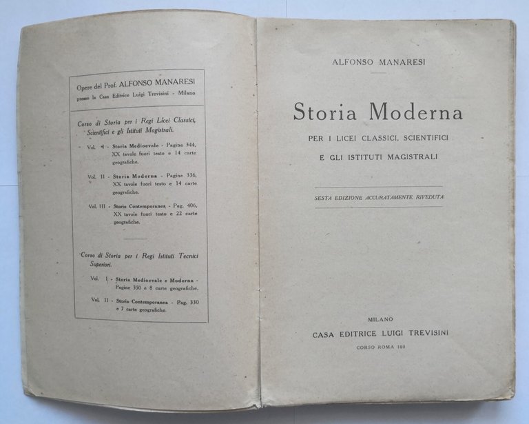 CORSO DI STORIA Alfonso Manaresi 3 libri 1940 Trevisini moderna …