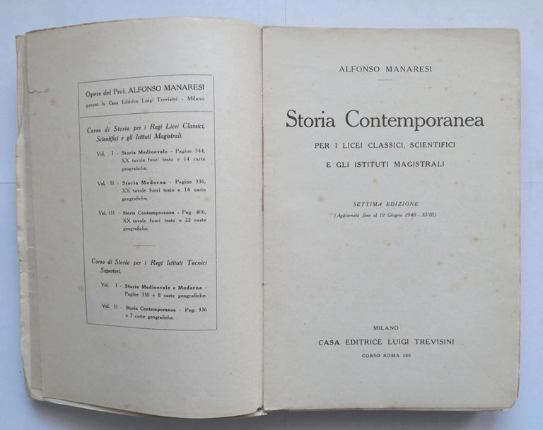 CORSO DI STORIA Alfonso Manaresi 3 libri 1940 Trevisini moderna …