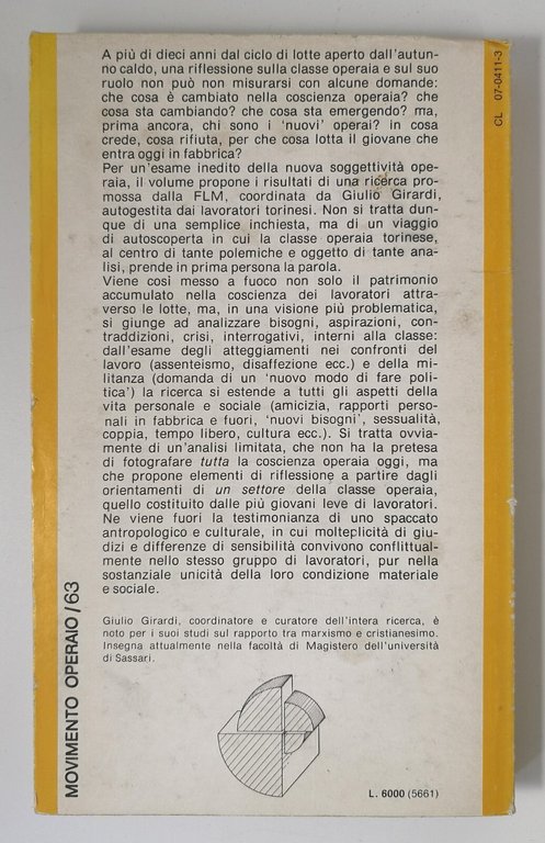 COSCIENZA OPERAIA OGGI a cura di Giulio Girardi 1980 De …