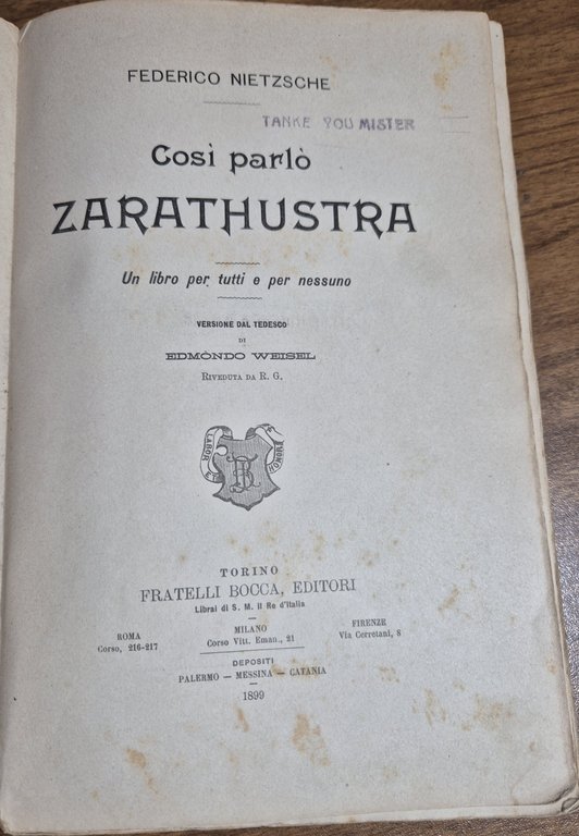 COSÍ PARLÒ ZARATHUSTRA di Federico Nietzsche 1899 Bocca I edizione … | Immagine Gallery 7