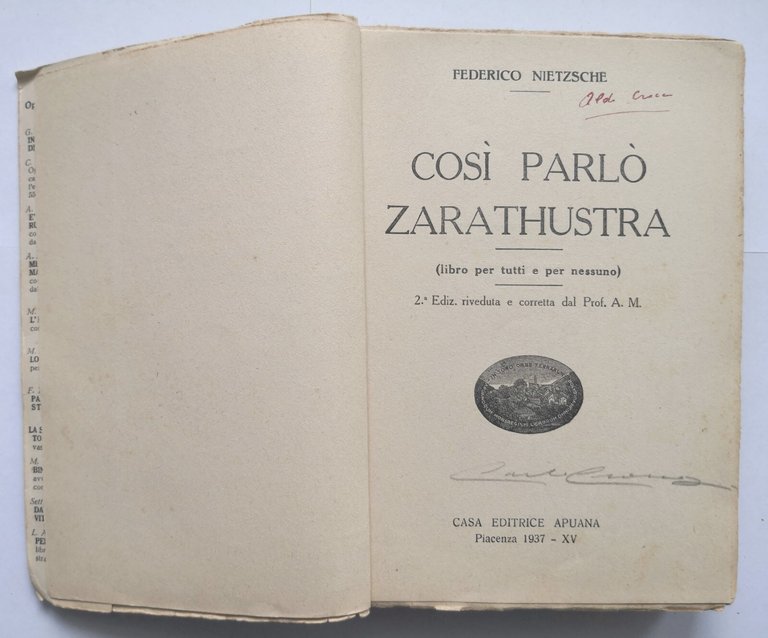 COSÌ PARLÒ ZARATHUSTRA di Federico Nietzsche 1937 Apuana libro filosofia