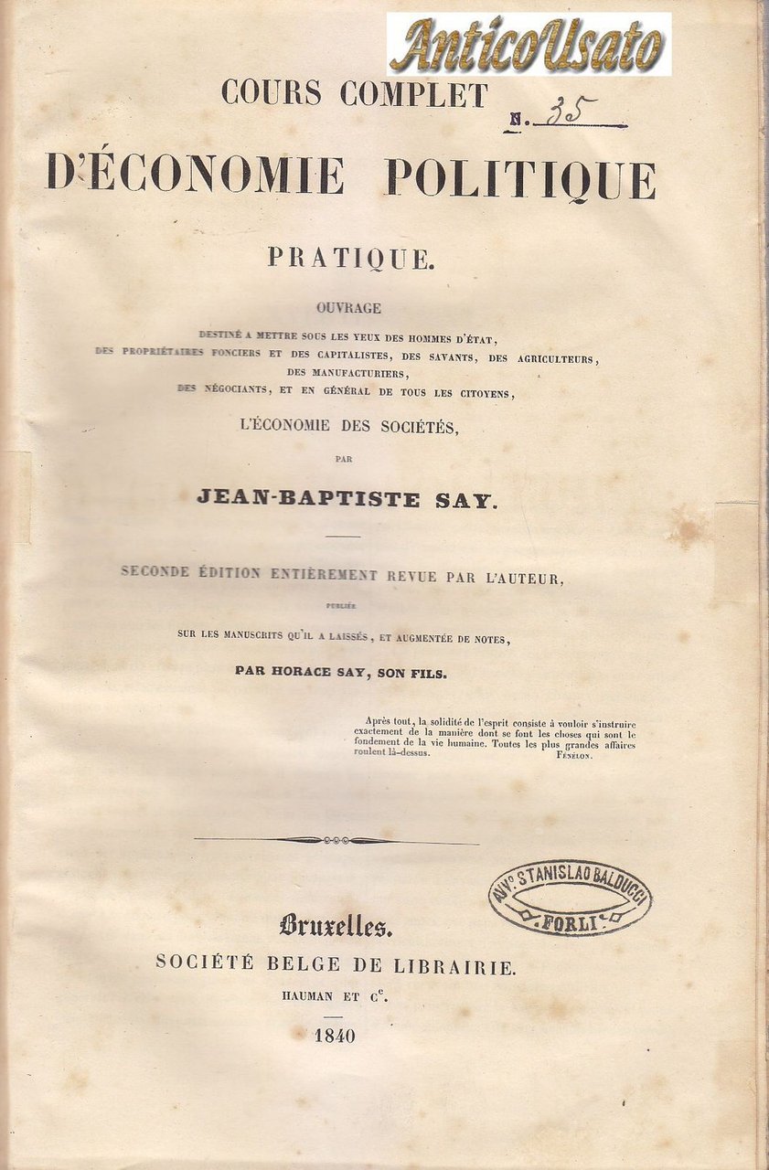 COURS COMPLET ECONOMIE POLITIQUE PRATIQUE di Jean Baptiste Say 1840 …