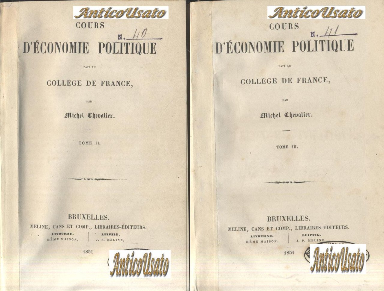 COURS D'ECONOMIE POLITIQUE 3 volumi di Michel Chevalier 1851 libro …