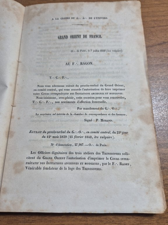 COURS PHILOSOPHIQUE ET INTERPRÉTATIF DES INITIATIONS ANCIENNES ET MODERNES 1842