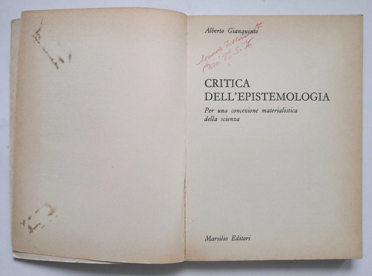 CRITICA DELL'EPISTEMOLOGIA di Alberto Gianquinto 1971 Marsilio Saggi Libro