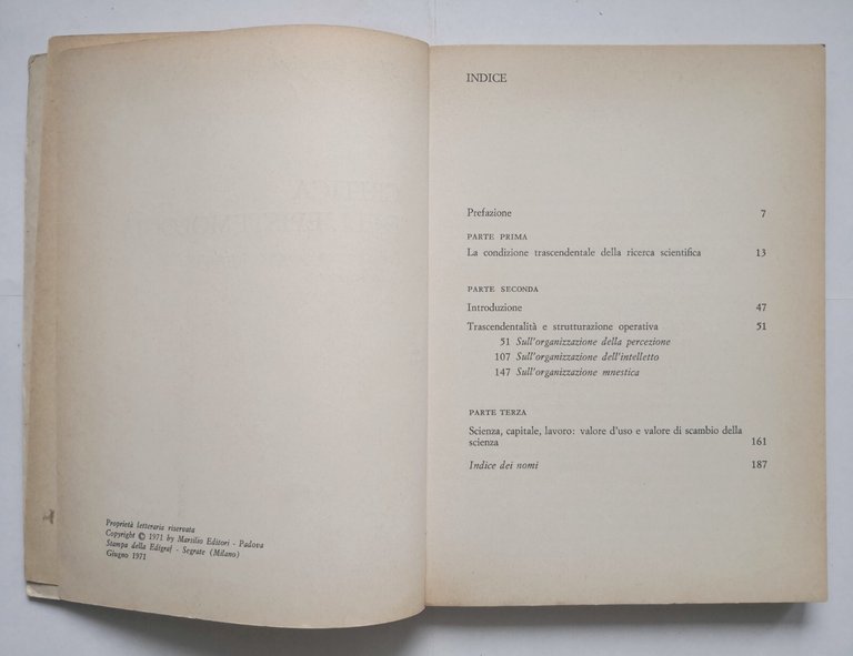 CRITICA DELL'EPISTEMOLOGIA di Alberto Gianquinto 1971 Marsilio Saggi Libro