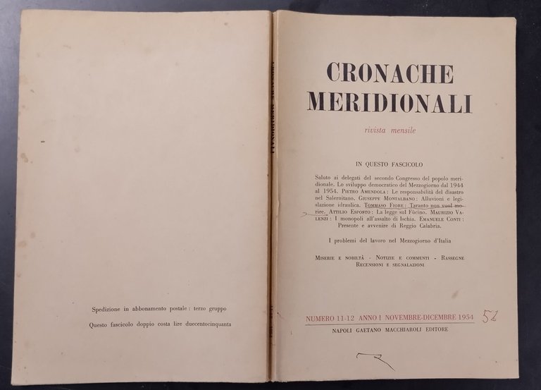 CRONACHE MERIDIONALI RIVISTA MENSILE NUMERO 11 12 1954 Tommaso Fiore …