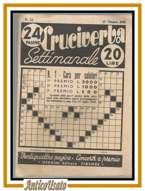 CRUCIVERBA SETTIMANALE 27 giugno 1948 Nerbini tipo settimana enigmistica rivista | Immagine Gallery 1