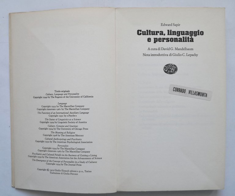 CULTURA LINGUAGGIO E PERSONALITÀ di Edward Sapir 1972 Einaudi Libro …